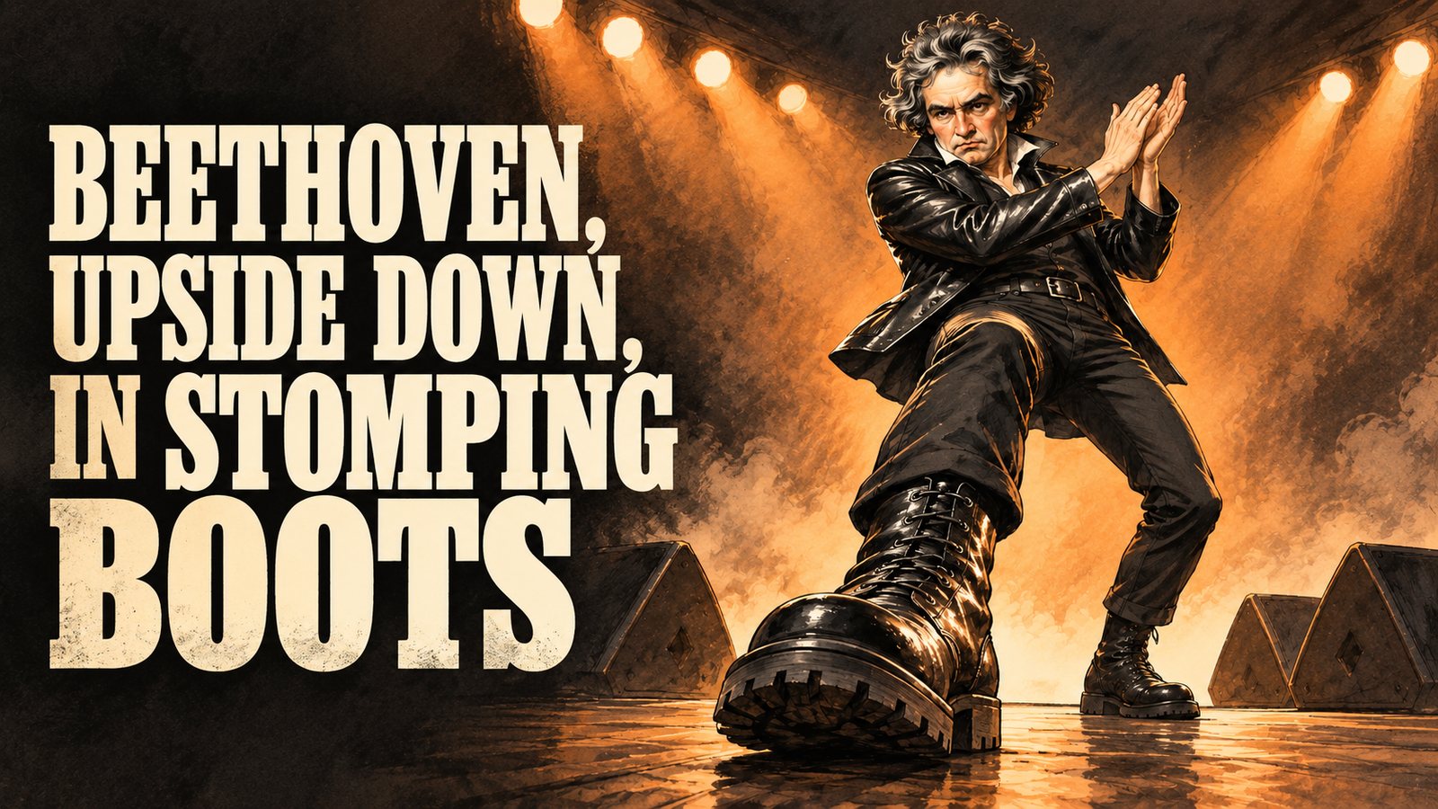 Illustration: Beethoven on a rock stage in a leather jacket and heavy boots, mid-stomp and clapping under the spotlights.