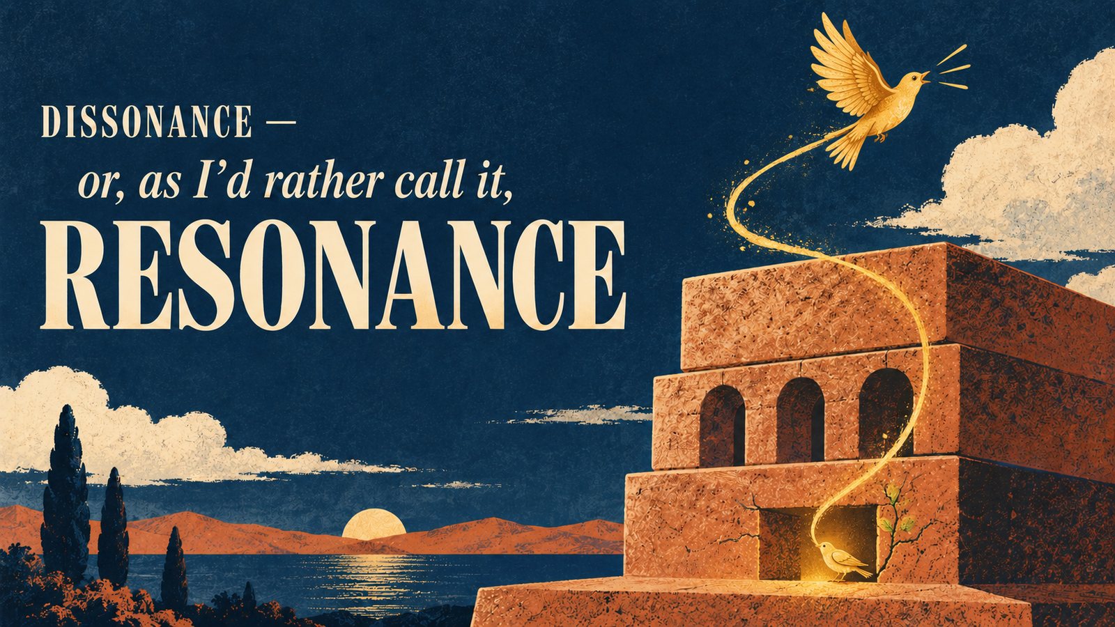 Illustration: a golden bird flies up out of a doorway in a stepped stone building, trailing a ribbon of light, against a deep-blue evening sky over the sea.