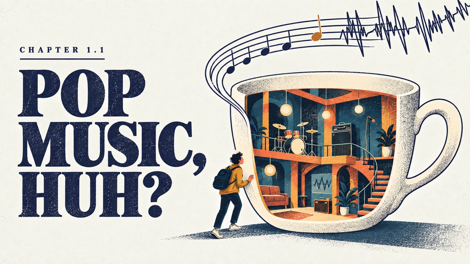 Illustration: the title “Chapter 1.1 — Pop Music, Huh?” beside a giant coffee cup whose steam becomes a musical staff and a sound wave; a young musician with a backpack peers into the cup, which holds a two-storey rehearsal studio with drums, amps and a sofa.