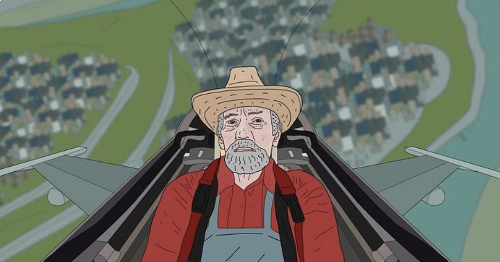 Illustration: an old man with a grey beard, straw hat, red shirt and overalls flies a glider high above a town and a winding river.