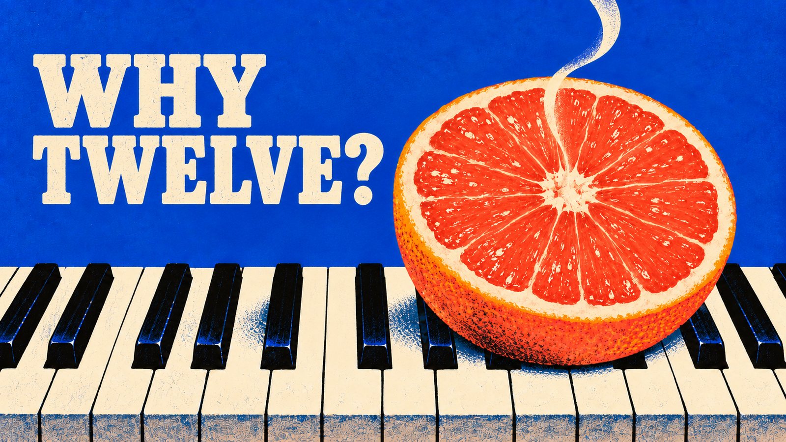 Illustration: half a grapefruit sitting on a piano keyboard against a bright blue background, under the title “Why Twelve?”.